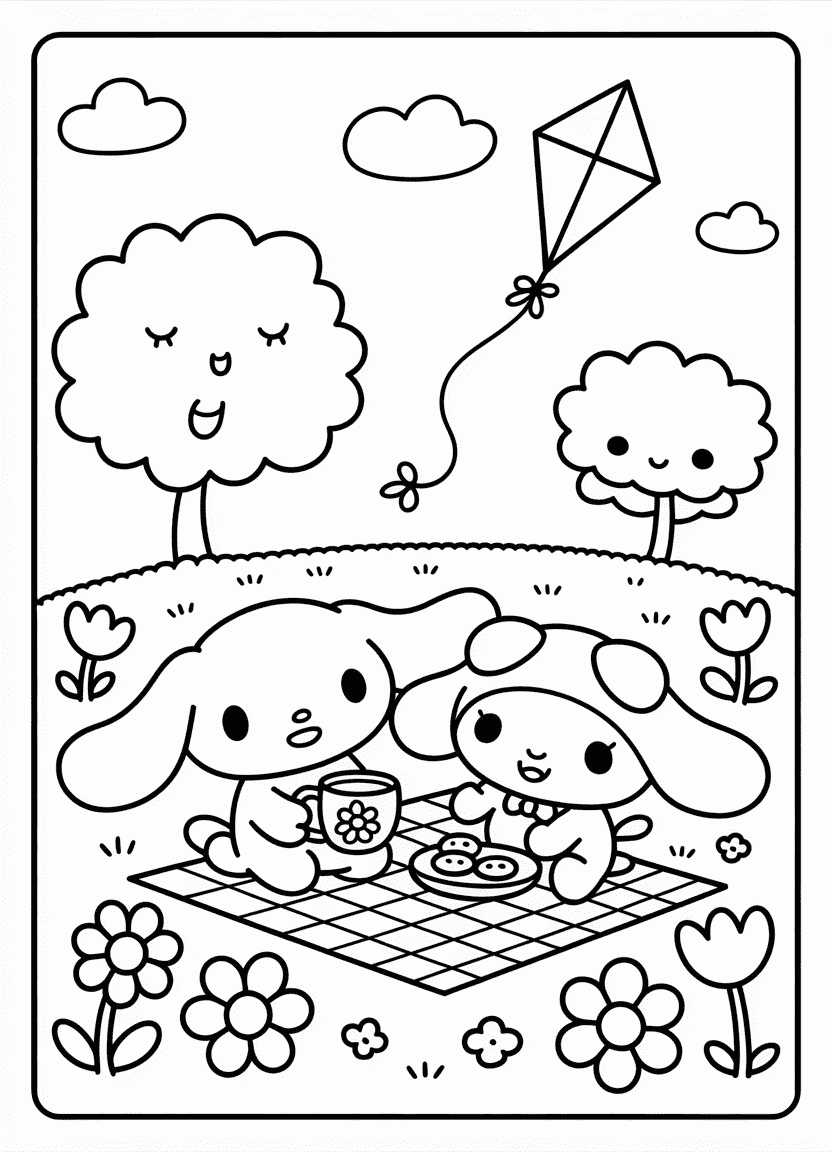 Cinnamoroll and My Melody having a picnic under a tree with flowers and a kite