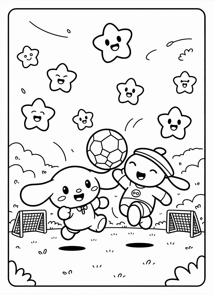 Cinnamoroll and Pompompurin playing soccer on a field with cheering stars
