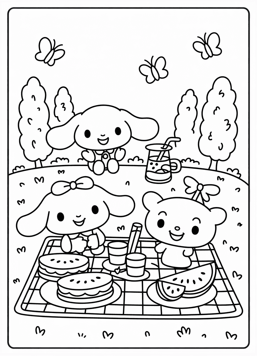 Cinnamoroll and friends having a picnic with fruit and drinks on a blanket.