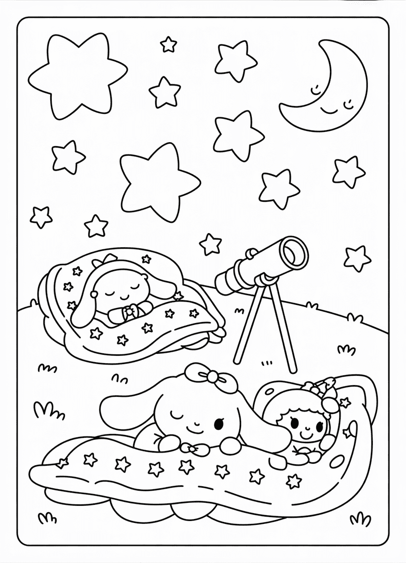 Cinnamoroll and the Little Twin Stars stargazing under a smiling moon