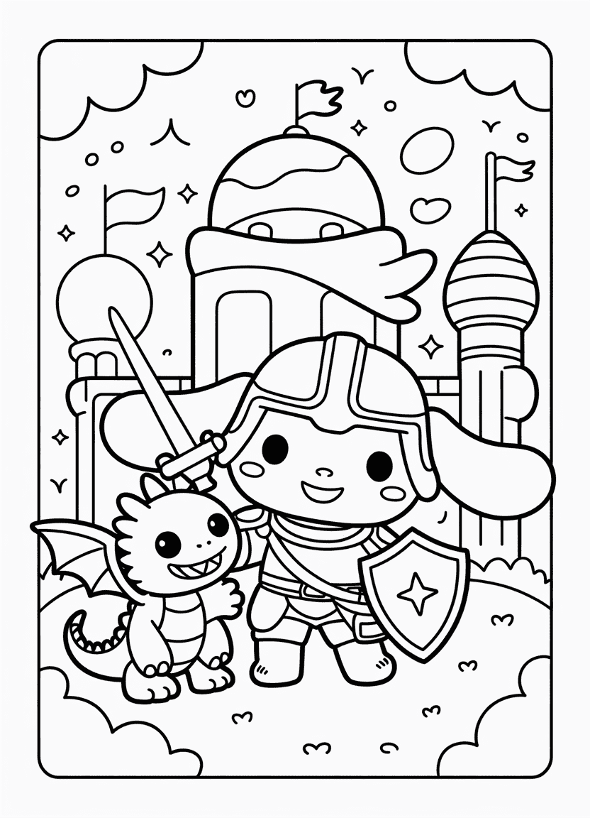 Cinnamoroll as a knight with a sword and shield near a dragon and castle.