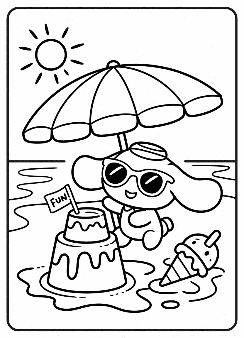Cinnamoroll at the beach building a sandcastle with an ice cream cone.