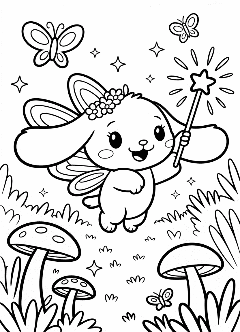 Cinnamoroll dressed as a fairy with wings and a wand in a magical forest.