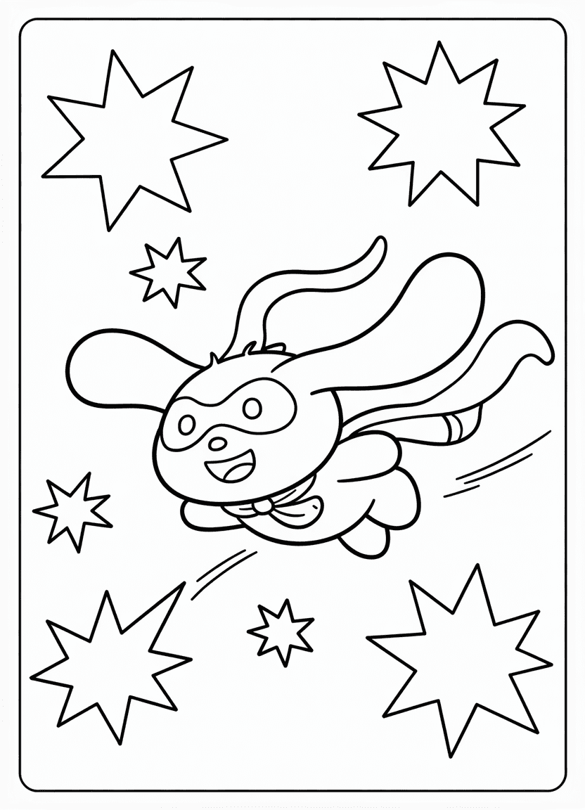 Cinnamoroll dressed as a superhero flying in the sky with stars