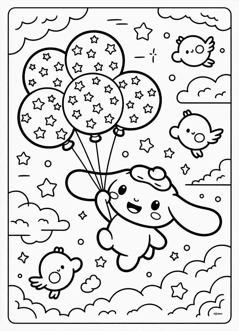 Cinnamoroll flying in the sky with starry balloons and clouds.