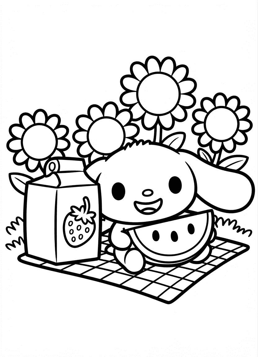 Cinnamoroll having a picnic with watermelon and juice on a blanket.