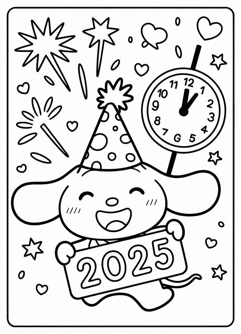 Cinnamoroll holding a 2025 sign under fireworks with a party hat.