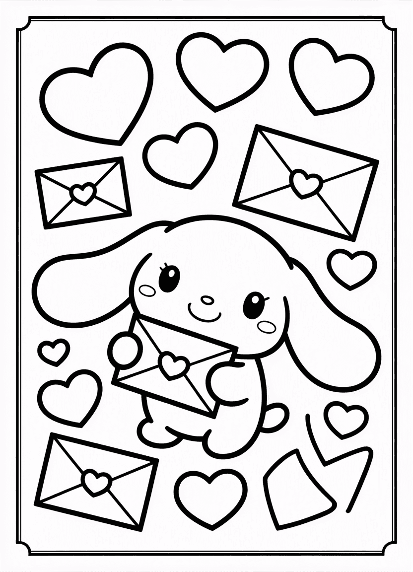 Cinnamoroll holding a heart envelope surrounded by floating hearts