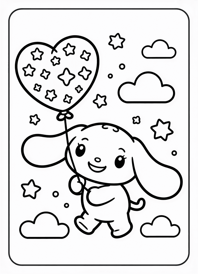 Cinnamoroll holding a heart-shaped balloon with stars and clouds in the background