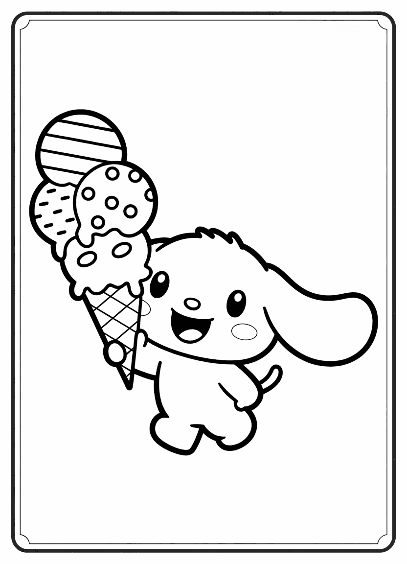 Cinnamoroll holding a large triple-scoop ice cream cone.
