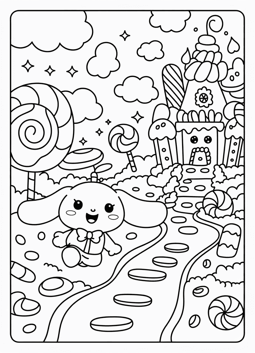 Cinnamoroll in a candy kingdom with lollipops and chocolate rivers