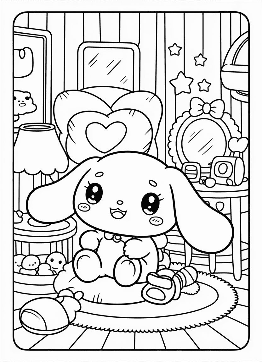 Cinnamoroll in a kawaii-style bedroom with heart pillows and plush toys.