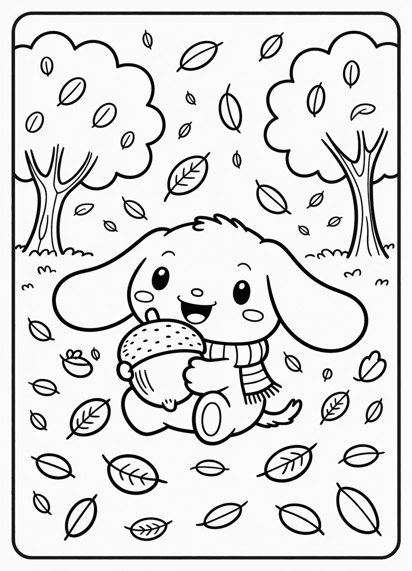 Cinnamoroll in a scarf surrounded by falling autumn leaves.
