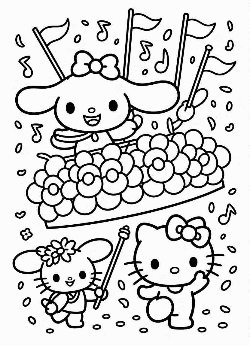 Cinnamoroll leading a parade with Sanrio friends on floats and confetti in the air