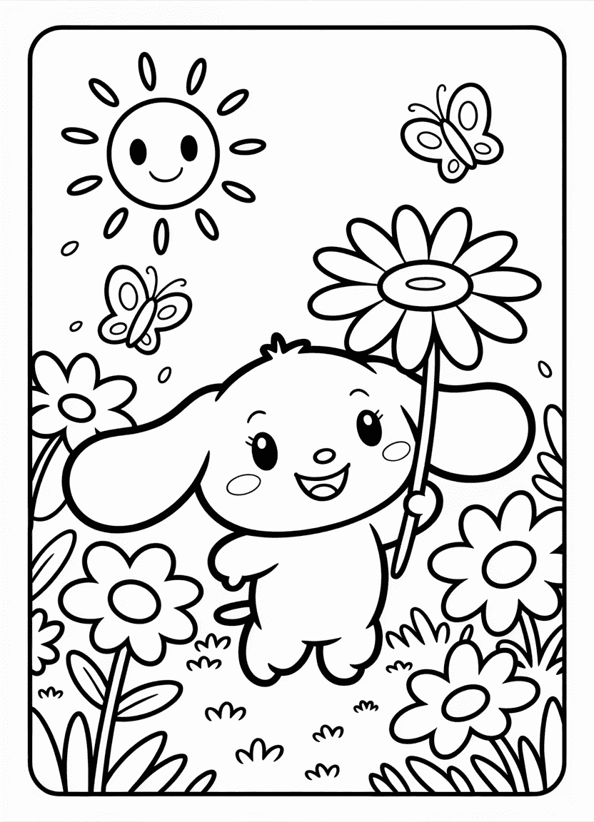 Cinnamoroll picking flowers in a simple garden with butterflies and a smiling sun
