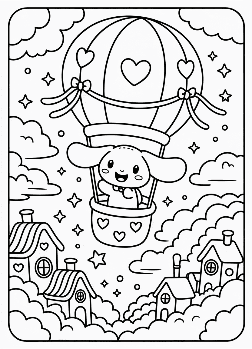 Cinnamoroll riding a hot air balloon over dreamland with stars and clouds