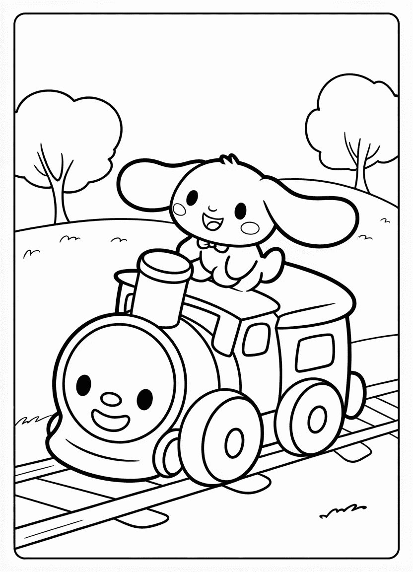 Cinnamoroll riding a toy train with large wheels and simple scenery.