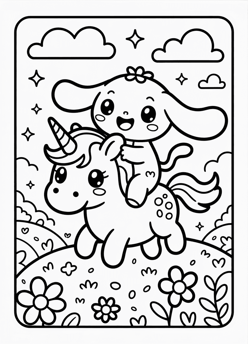 Cinnamoroll riding a unicorn under a rainbow in a flower field