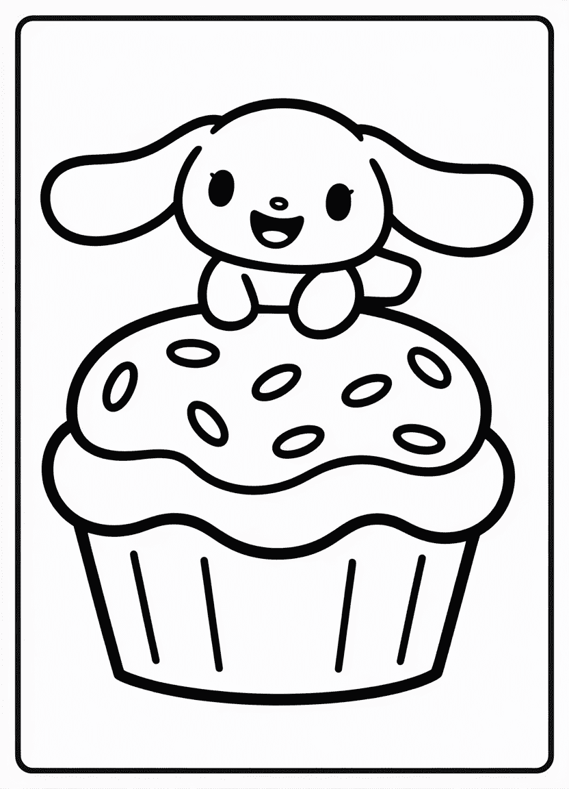 Cinnamoroll sitting next to a giant cupcake with sprinkles.