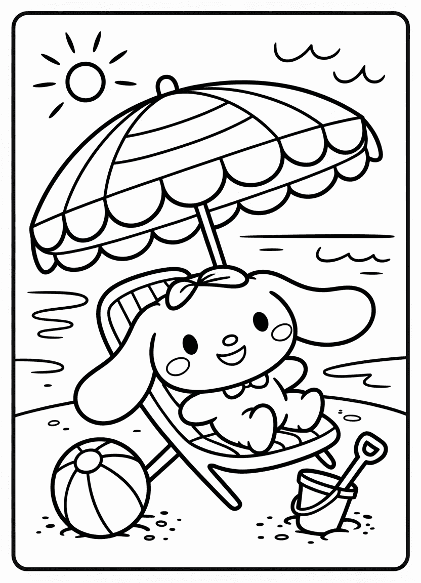 Cinnamoroll sitting under a beach umbrella with a bucket and beach ball.