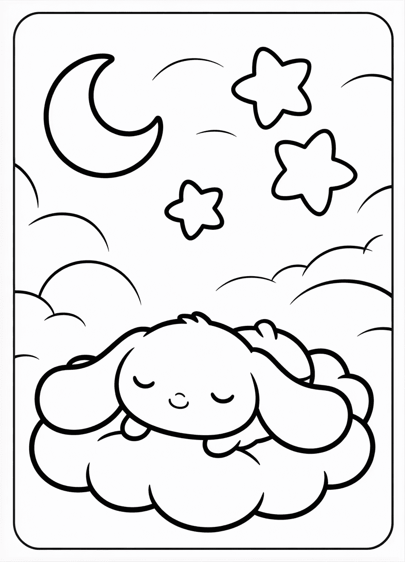 Cinnamoroll sleeping on a cloud with stars and moon in the background