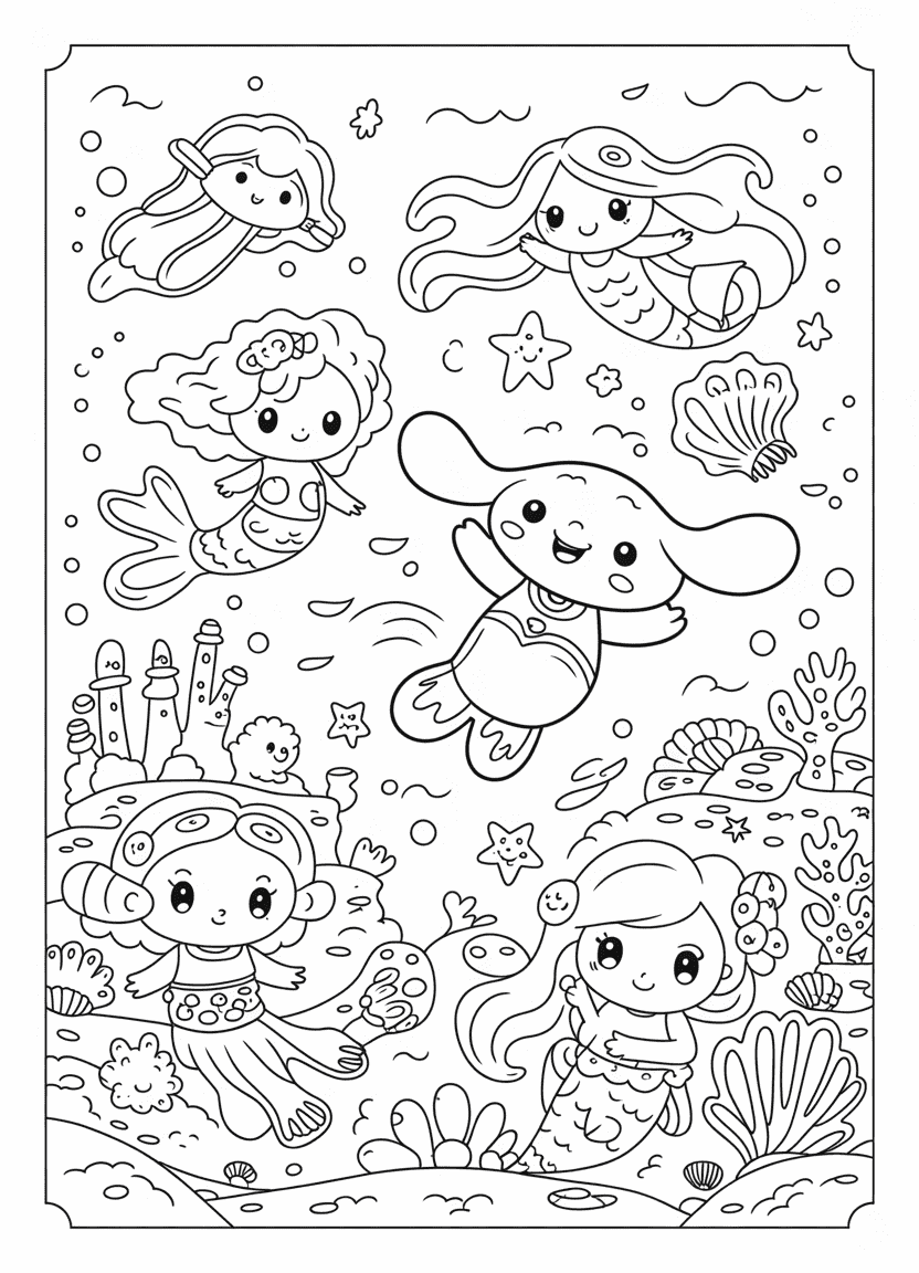 Cinnamoroll swimming underwater with jellyfish and seashells in a fantasy ocean.