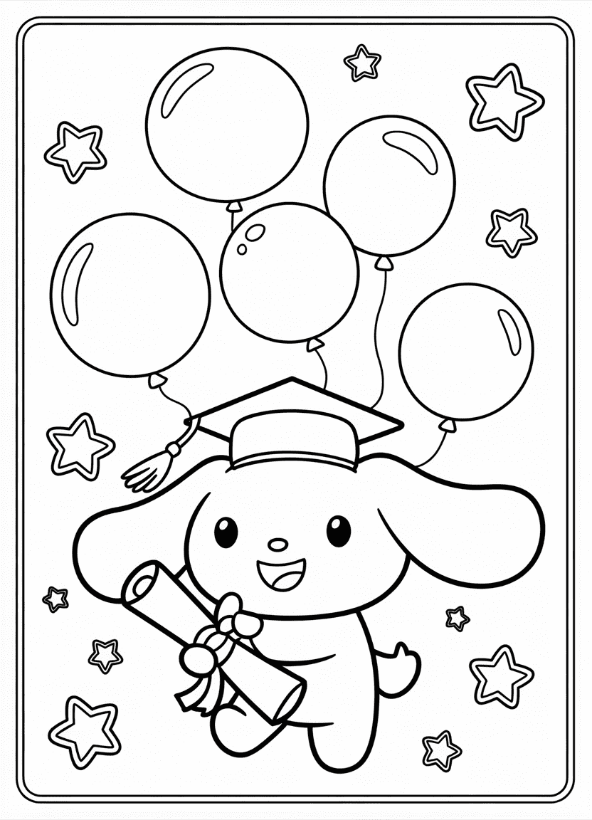 Cinnamoroll wearing a graduation cap and holding a diploma with balloons