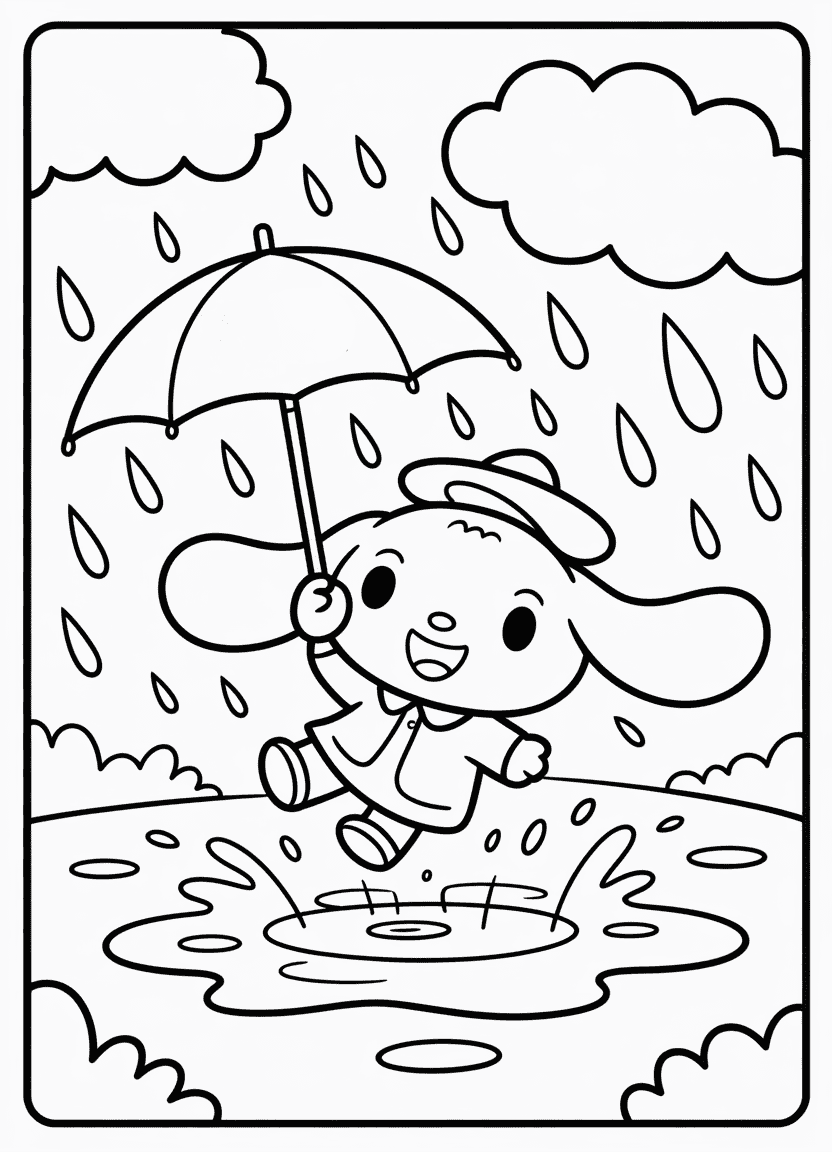 Cinnamoroll wearing a raincoat and jumping in puddles with an umbrella.