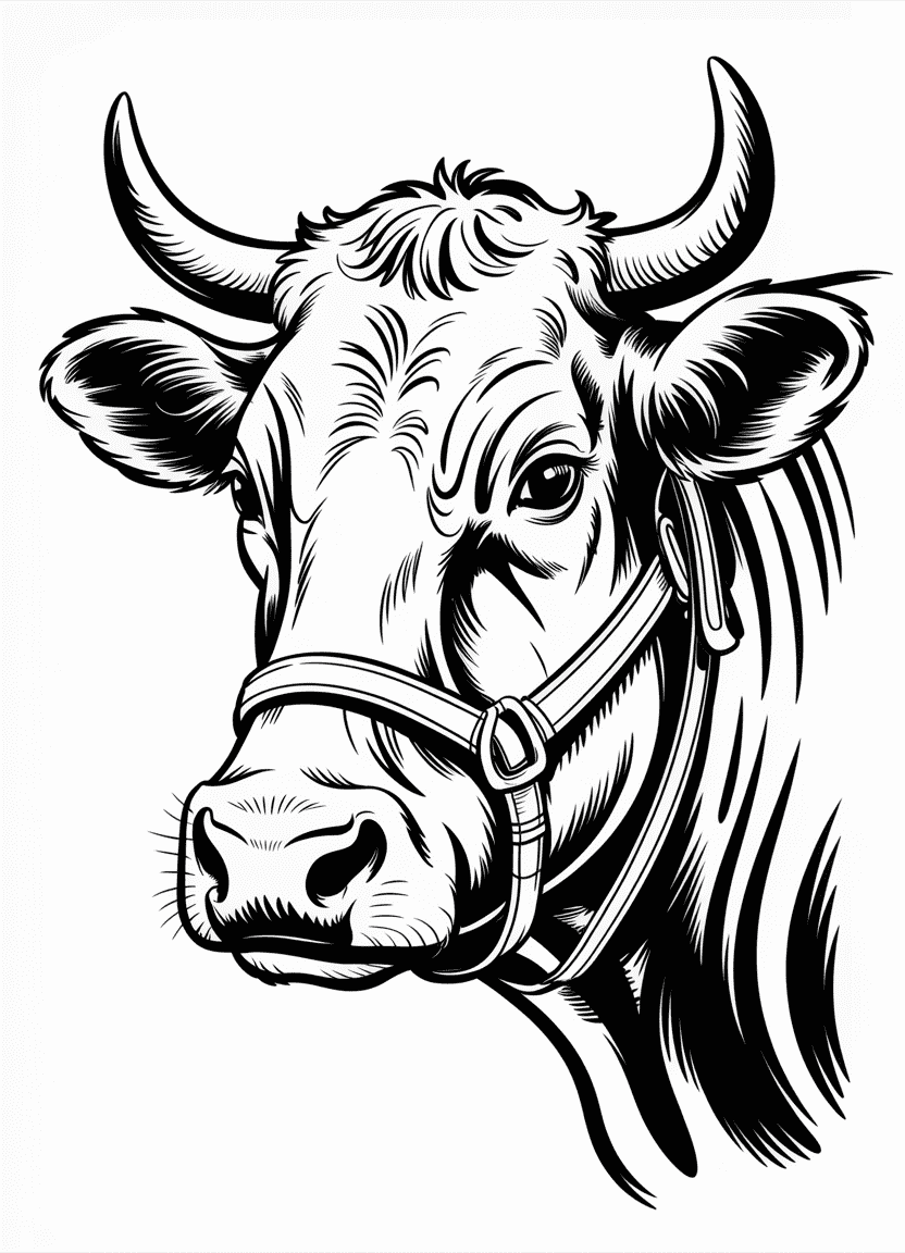 Close-up cow portrait with halter and horns