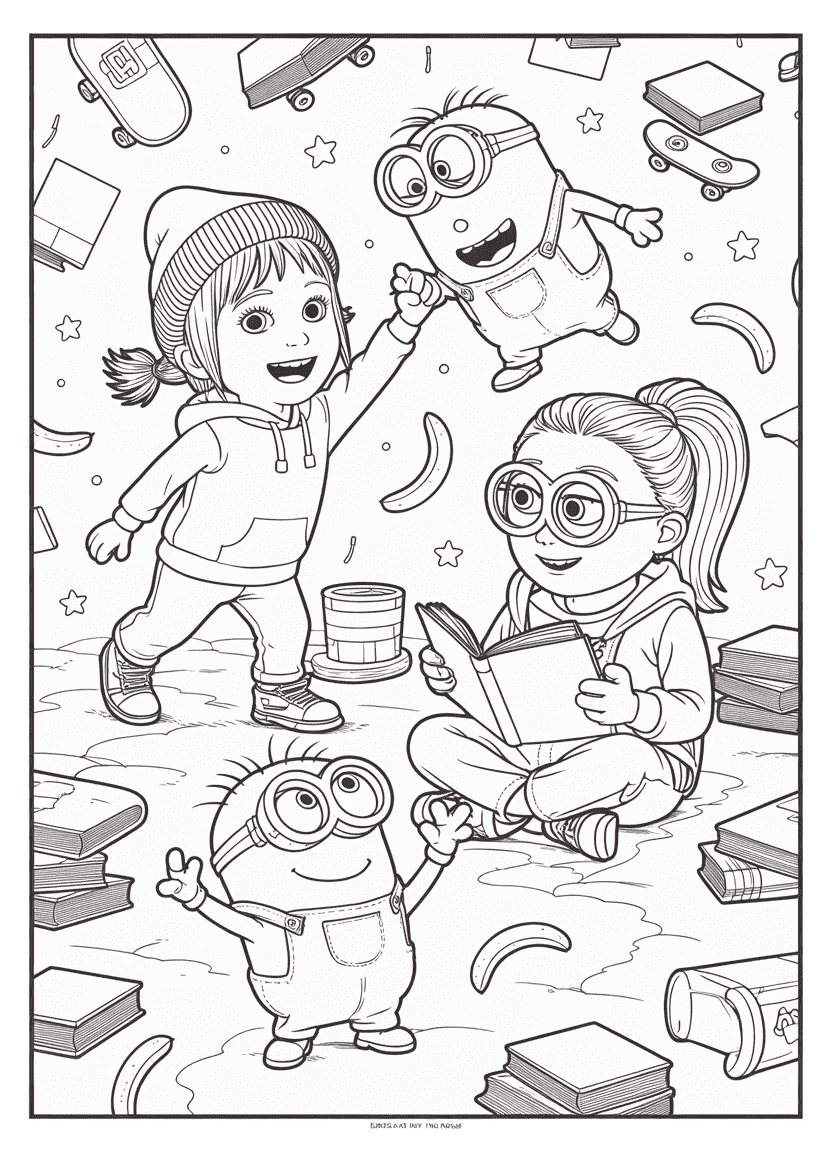 Coloring page of Edith and Margo interacting with playful Minions