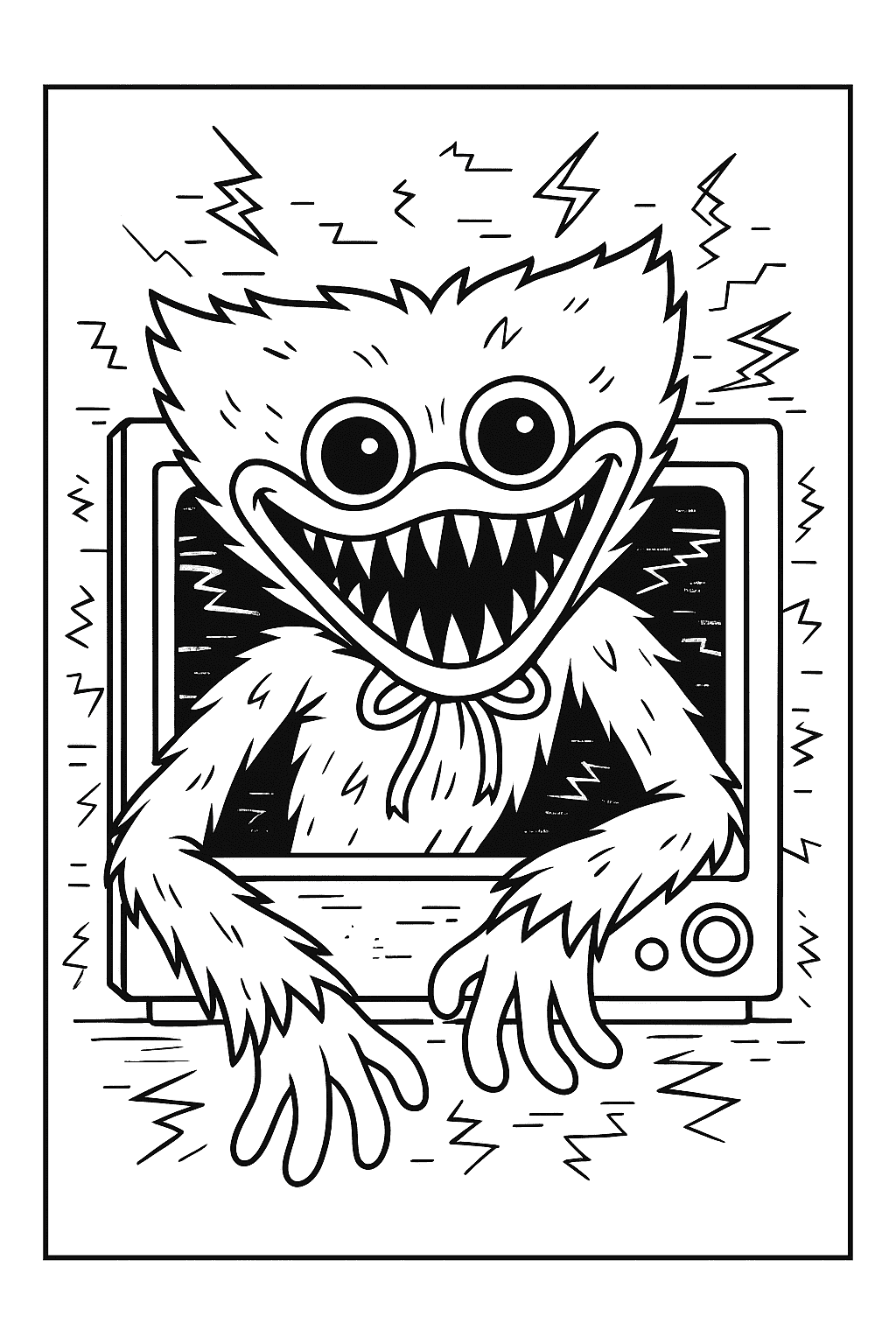 Coloring page of Huggy Wuggy emerging from a TV