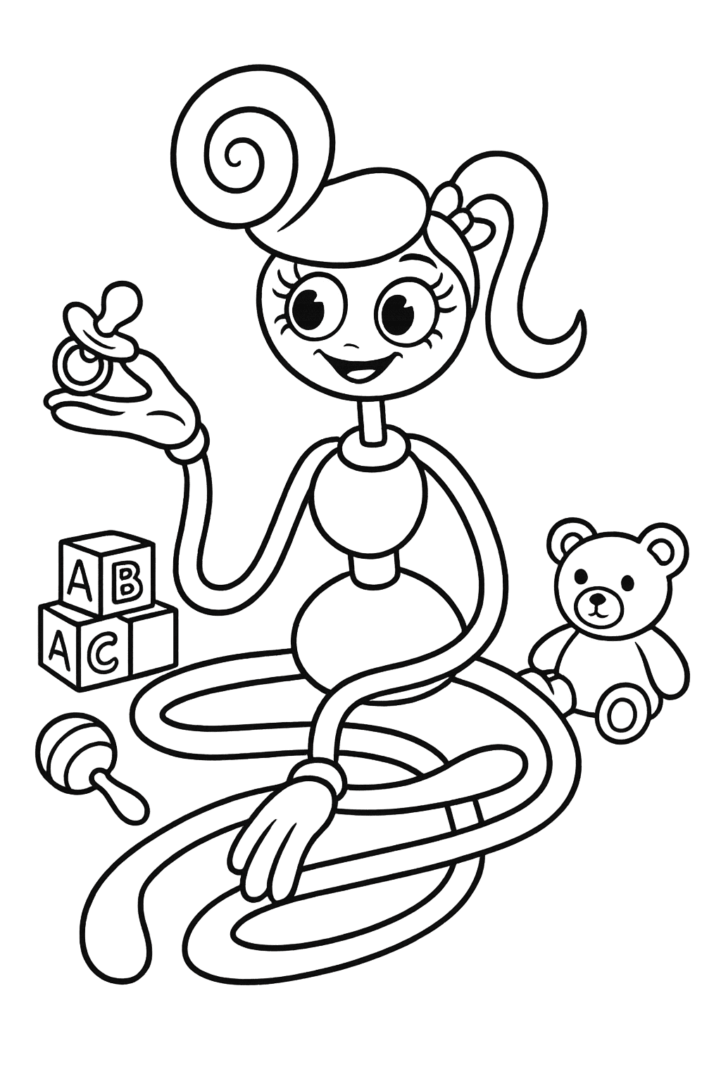 Coloring page of Mommy Long Legs with baby toys