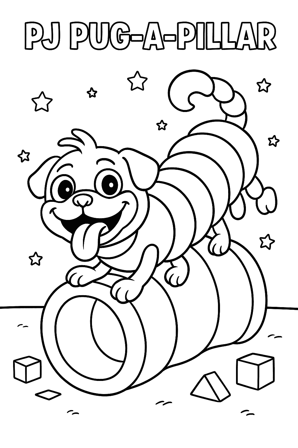 Coloring page of PJ Pug-a-Pillar crawling and smiling