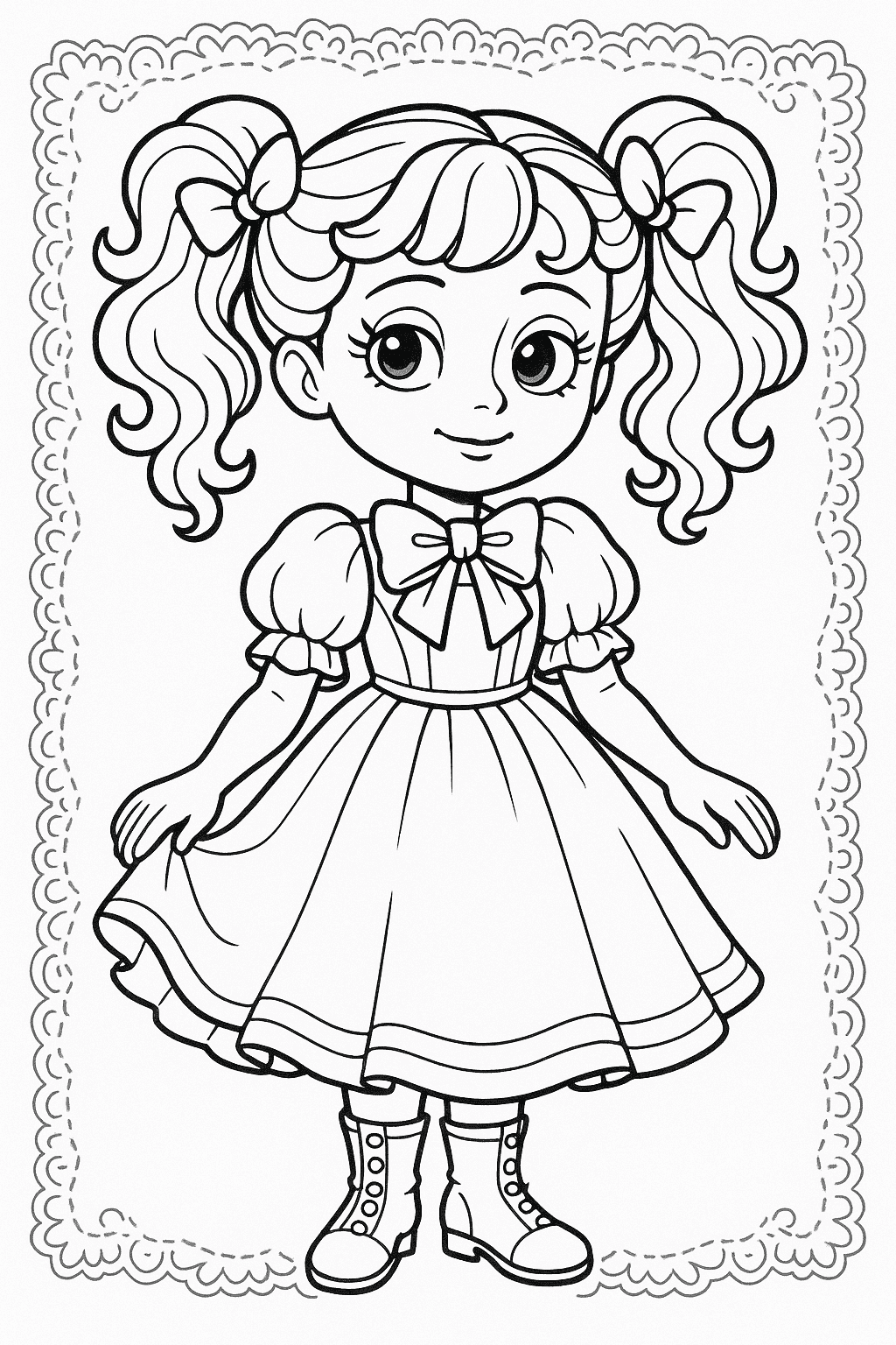 Coloring page of Poppy Girl in classic doll dress