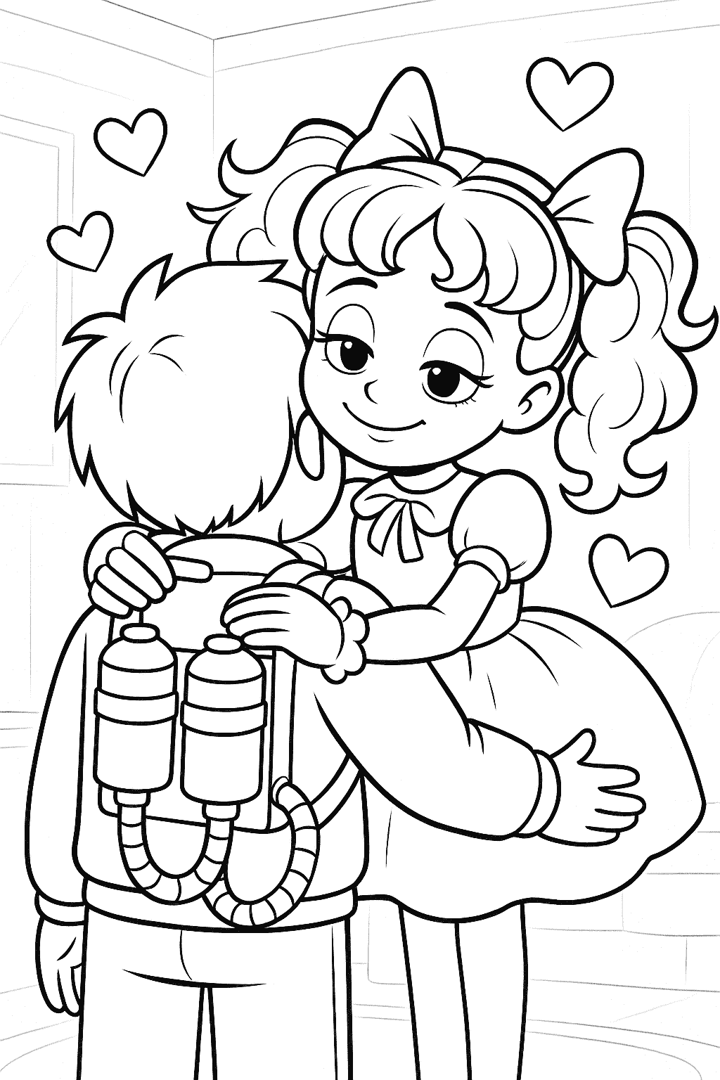 Coloring page of Poppy hugging Player from Poppy Playtime