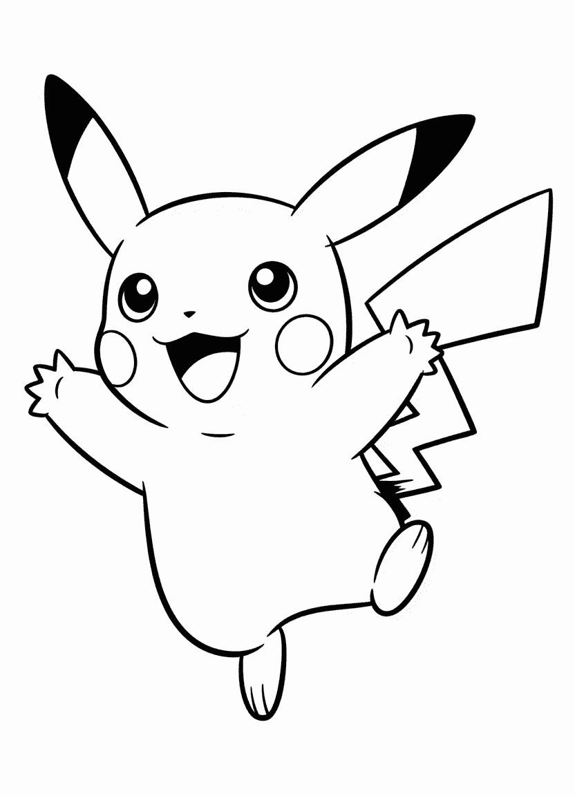 Coloring page of a happy, jumping Pikachu with arms wide open