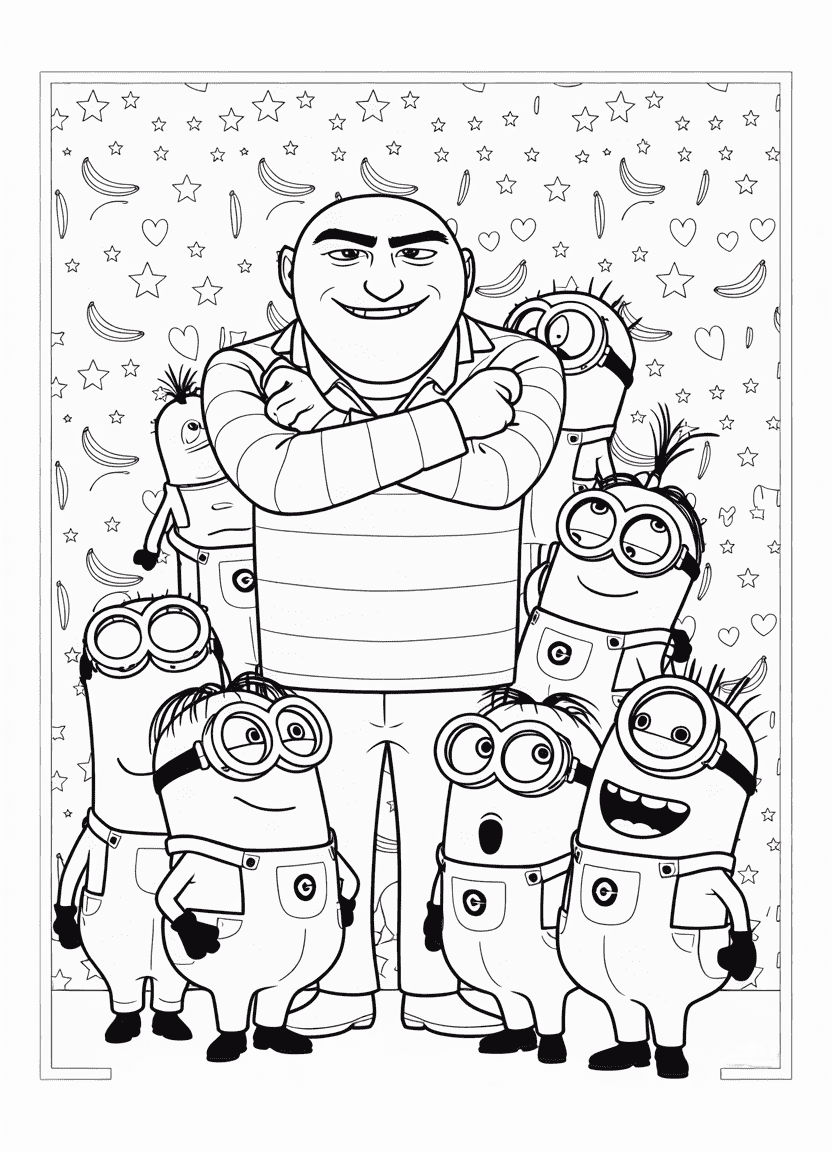 Coloring sheet of Gru with Margo, Edith, Agnes, and photobombing Minions