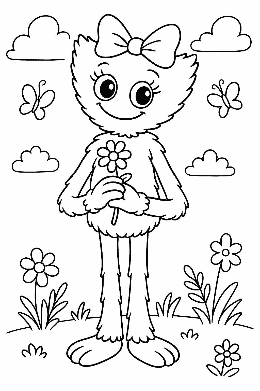 Coloring sheet of Kissy Missy with a flower in a garden