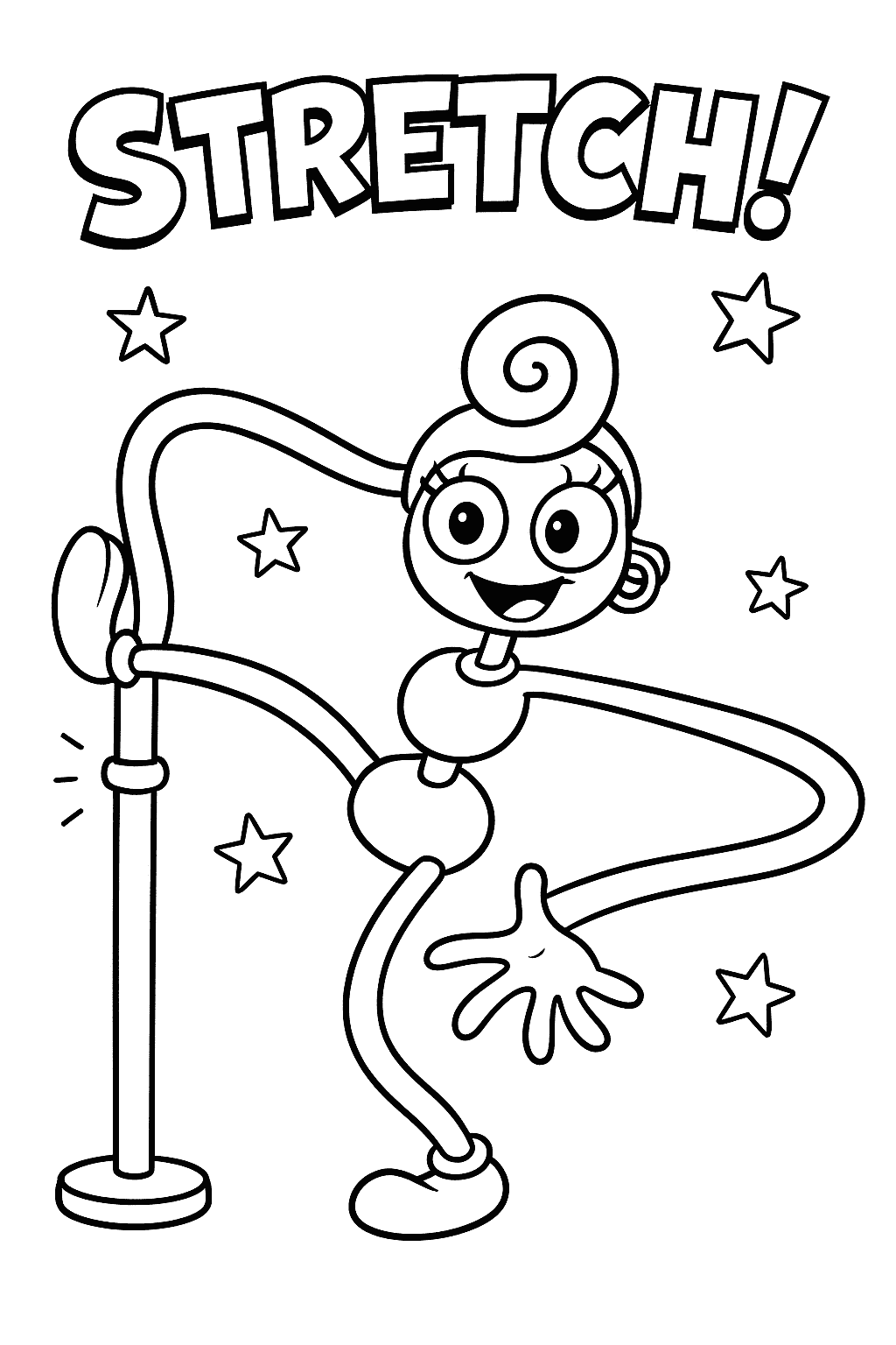 Coloring sheet of Mommy Long Legs doing a stretching challenge