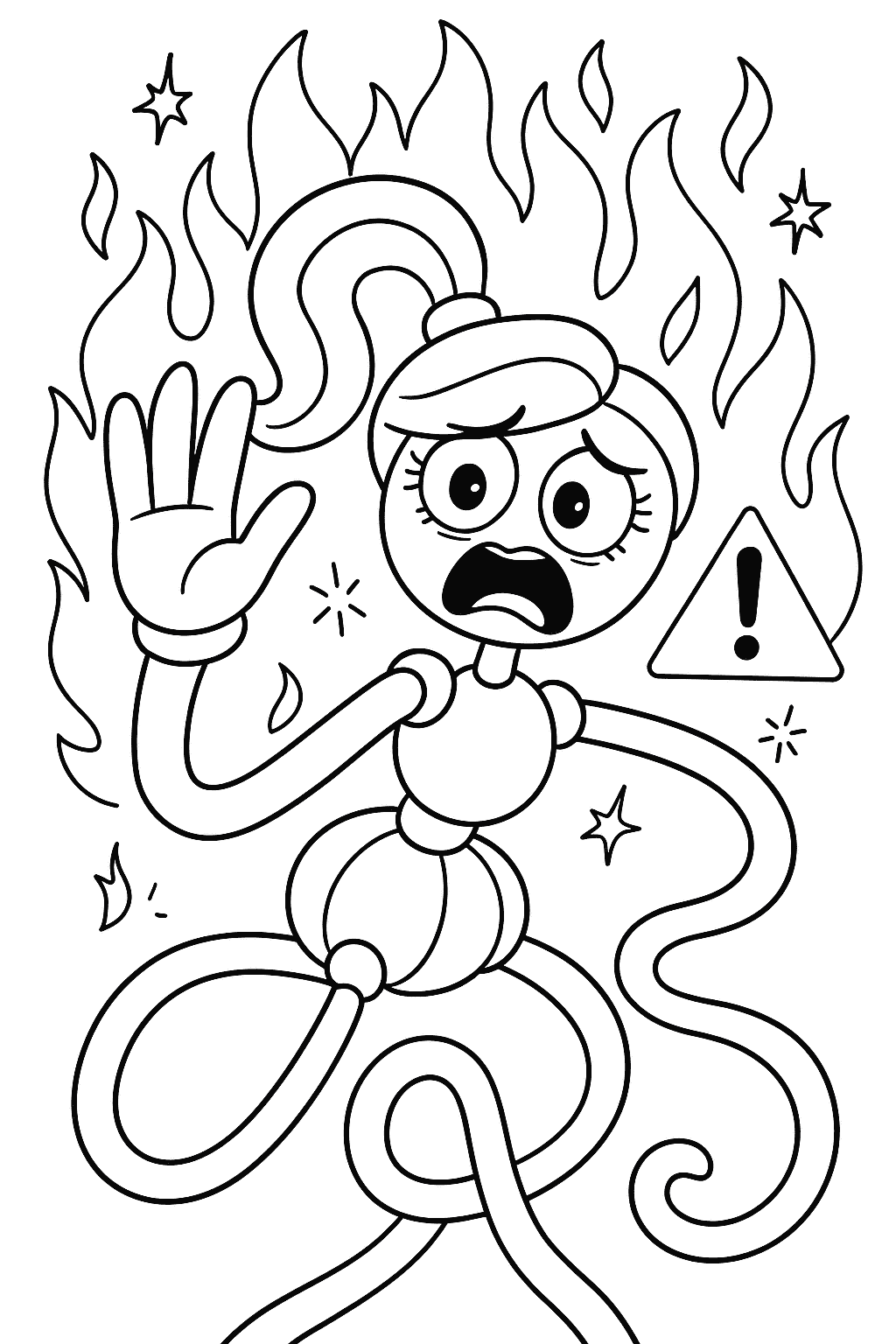 Coloring sheet of Mommy Long Legs warning about fire