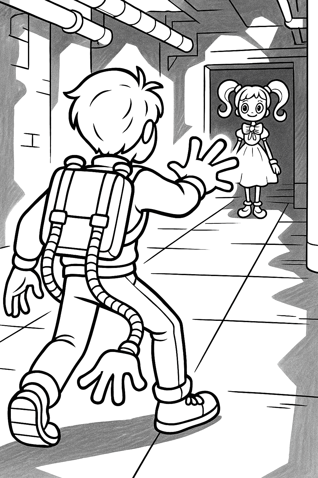 Coloring sheet of Player using GrabPack near Poppy