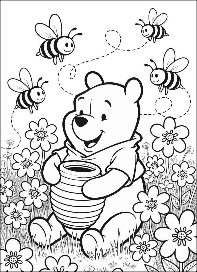 Winnie the Pooh sitting with a honey pot and bees nearby