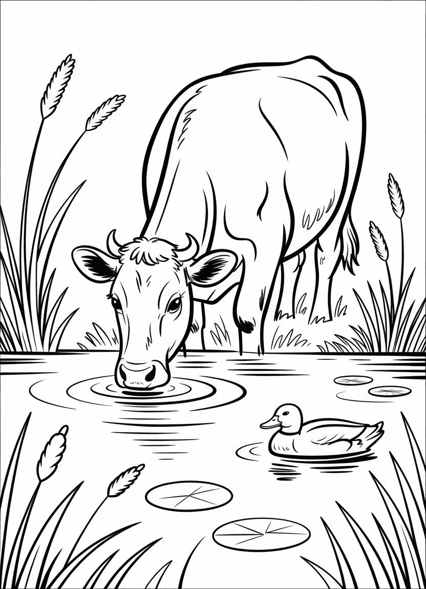 Cow drinking from a pond with lily pads