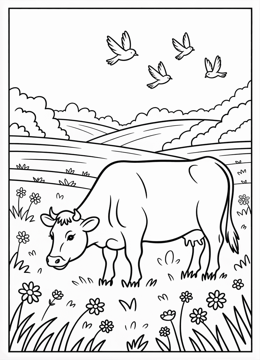 Cow grazing in a bright summer pasture