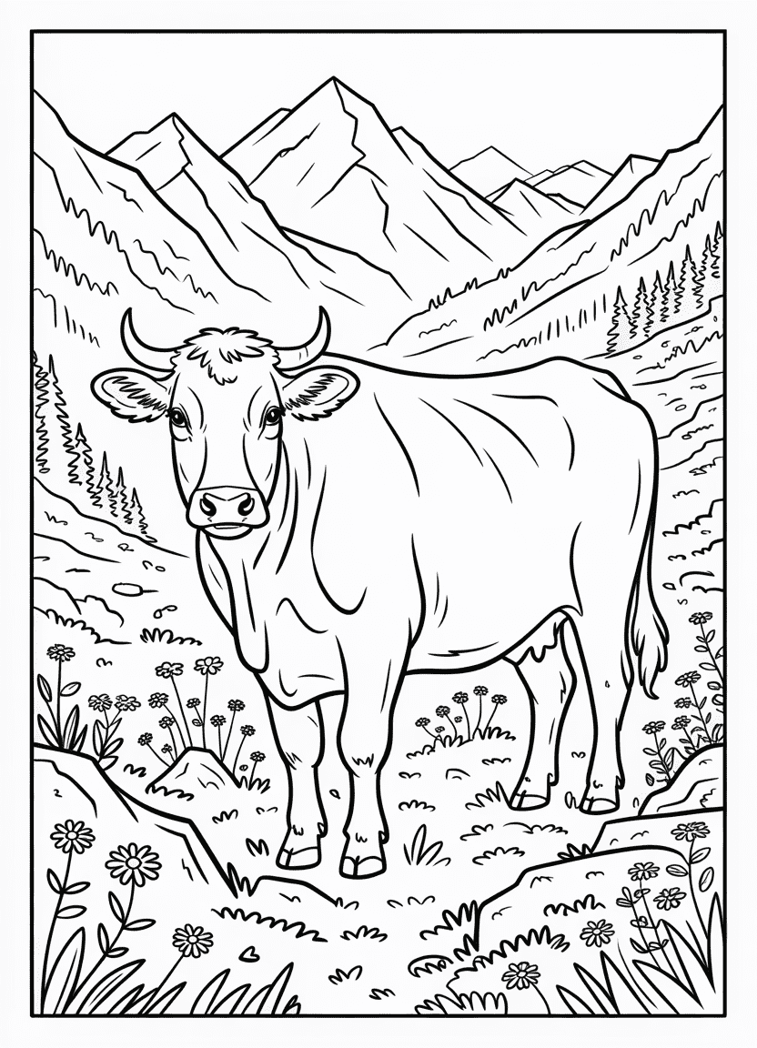 Cow in a mountain meadow surrounded by wildflowers and peaks