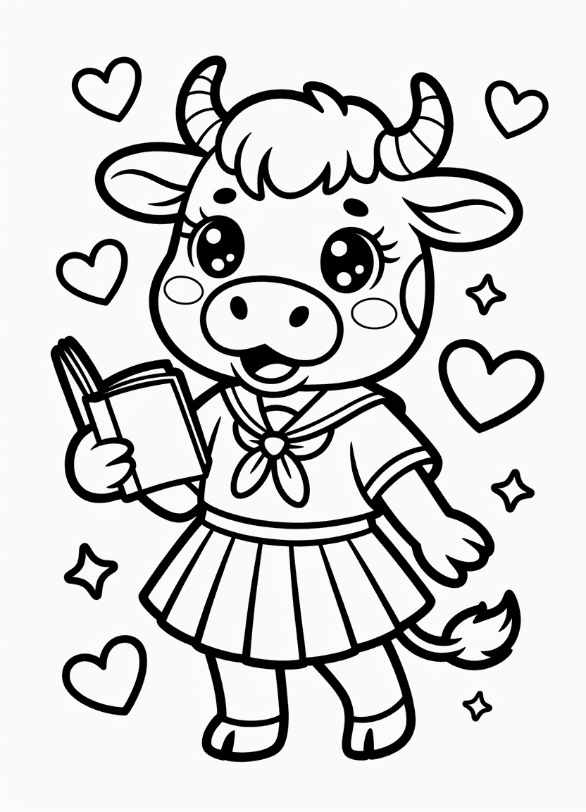 Cow in anime school uniform holding notebook