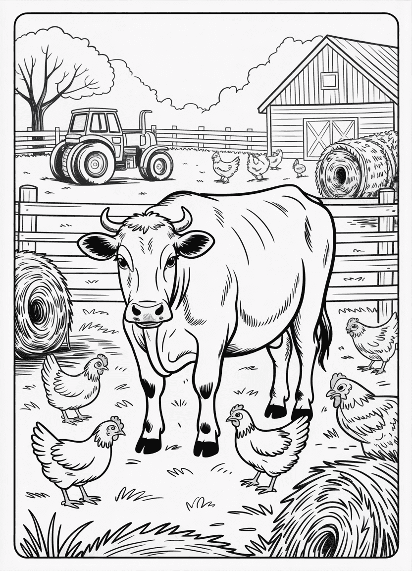 Cow in barnyard with chickens and tractor