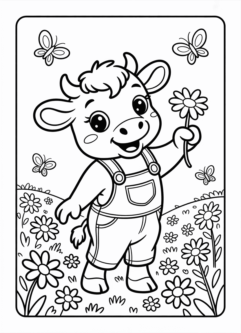 Cow in overalls picking flowers in a field