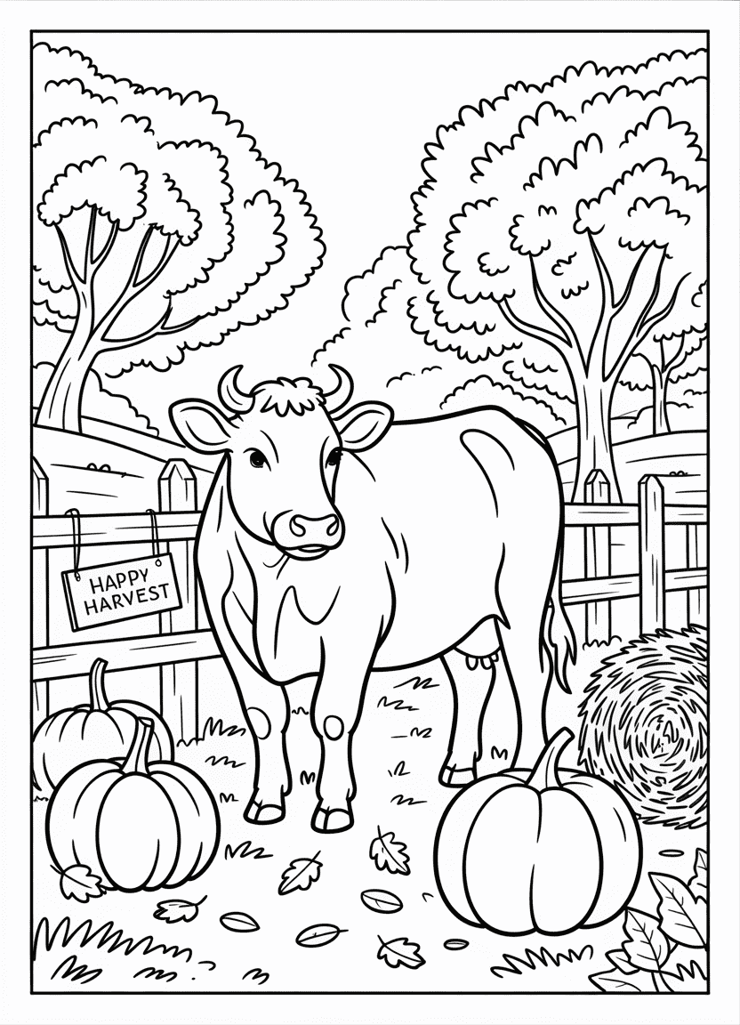 Cow near pumpkins and hay in autumn