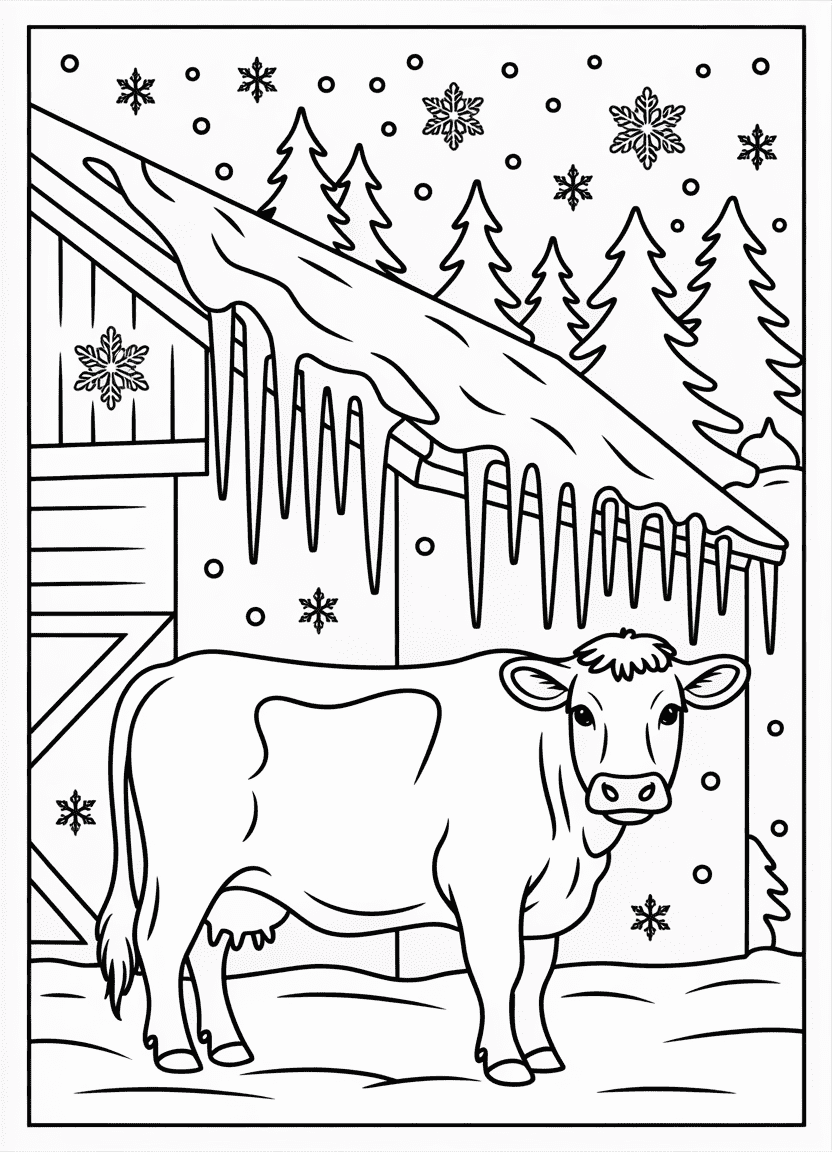 Cow near snowy barn in winter